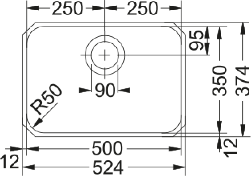 Franke Largo LAX 110-50 Undermount 1 Bowl Stainless Steel Kitchen Sink — dimensions drawing