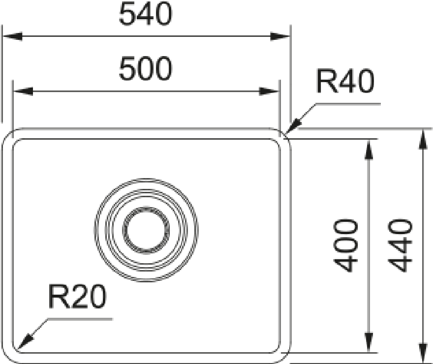 Franke Maris Quiet MQX 110-50 Undermount 1 Bowl Stainless Steel Sink — dimensions drawing