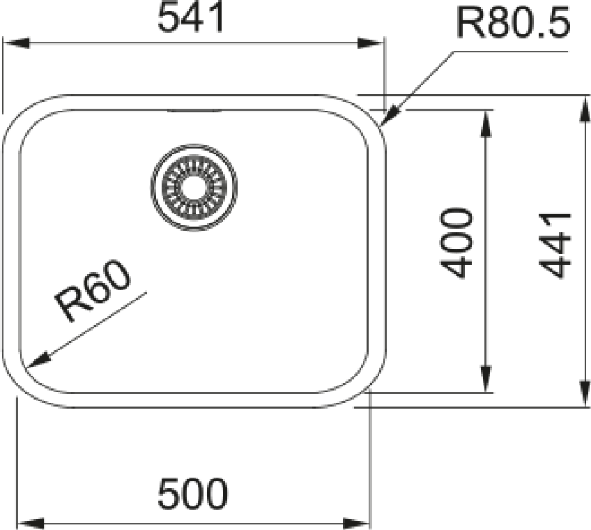 Franke Smart SRX 110-50 Undermount 1 Bowl Stainless Steel Kitchen Sink — dimensions drawing