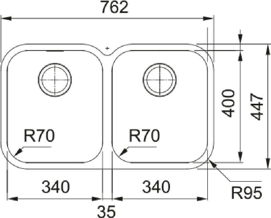 Franke Smart SRX 120 Undermount 2 Bowl Stainless Steel Kitchen Sink 34-34 — dimensions drawing