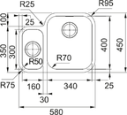 Franke Smart SRX 160 Undermount 1.5 Bowl Stainless Steel Kitchen Sink LH — dimensions drawing