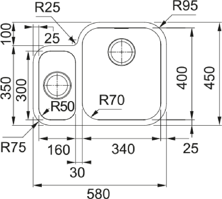 Franke Smart SRX 160 Undermount 1.5 Bowl Stainless Steel Kitchen Sink LH — dimensions drawing