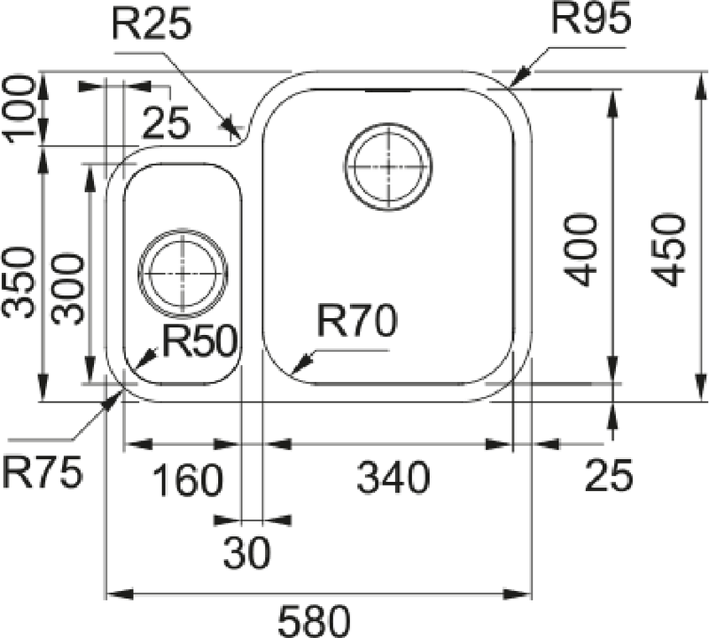 Franke Smart SRX 160 Undermount 1.5 Bowl Stainless Steel Kitchen Sink LH — dimensions drawing