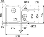 Franke Smart SRX 160 Undermount 1.5 Bowl Stainless Steel Kitchen Sink RH — dimensions drawing