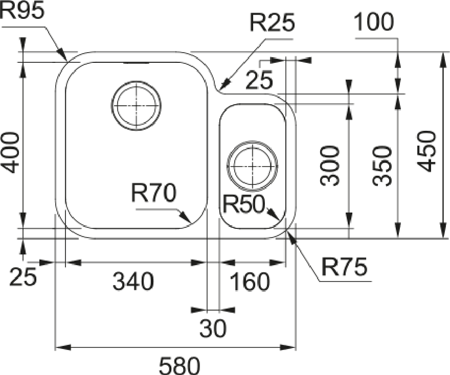 Franke Smart SRX 160 Undermount 1.5 Bowl Stainless Steel Kitchen Sink RH — dimensions drawing