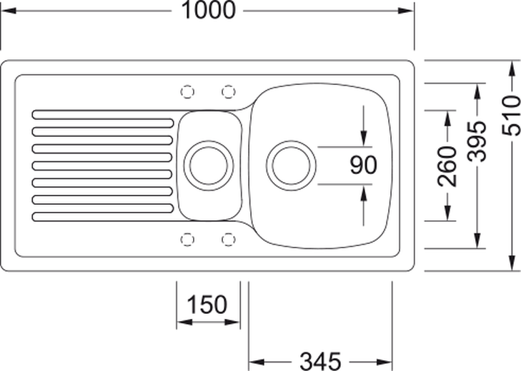 Franke Elba ELK 651 Ceramic 1.5 Bowl White Kitchen Sink 990x500mm Inset — dimensions drawing