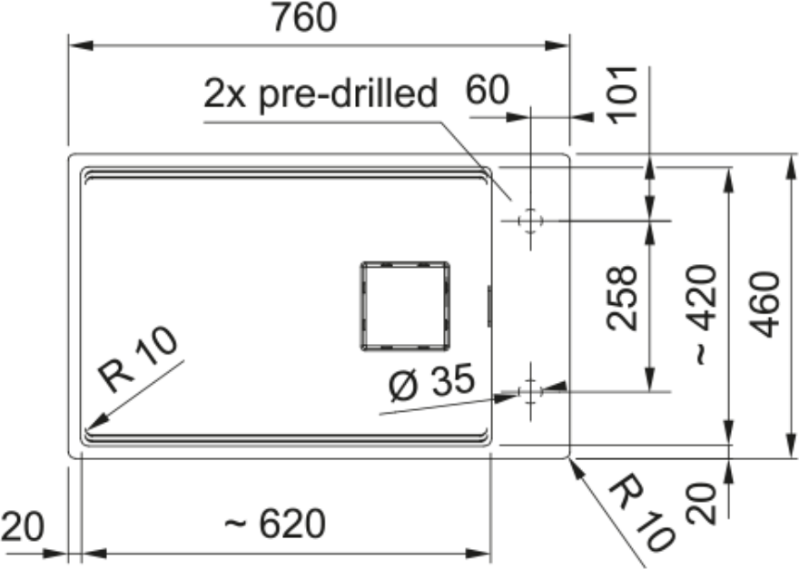 Franke Kubus KNG 110-62 Granite Undermount 1 Bowl Matt Black Kitchen Sink — dimensions drawing