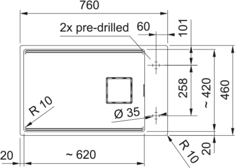 Franke Kubus KNG 110-62 Granite Undermount 1 Bowl Slate Grey Kitchen Sink — dimensions drawing