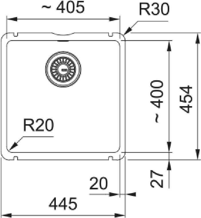 Franke Kubus KXK 110-41 Ceramic Undermount 1 Bowl White Kitchen Sink — dimensions drawing