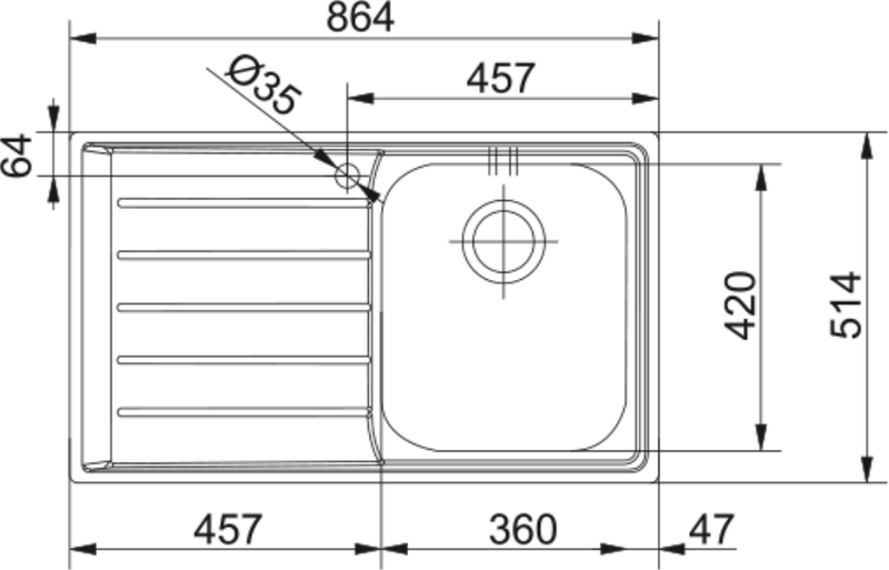 Franke Neptune NEX 211 Inset 1 Bowl Stainless Steel Kitchen Sink LH Drainer — dimensions drawing