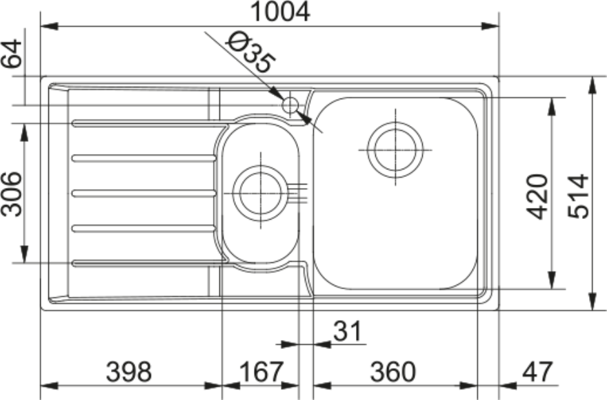 Franke Neptune NEX 251 Inset 1.5 Bowl Stainless Steel Kitchen Sink LH Drainer — dimensions drawing
