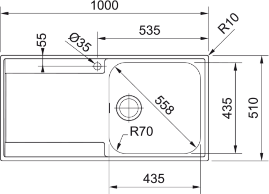 Franke Maris MRX 211 Inset 1 Bowl Stainless Steel Kitchen Sink LH Drainer — dimensions drawing