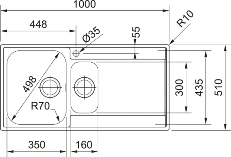 Franke Maris MRX 251 Inset 1.5 Bowl Stainless Steel Kitchen Sink RH Drainer — dimensions drawing
