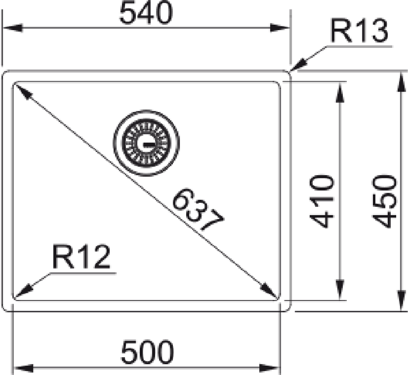 Franke Box BXX 110-50 Undermount 1 Bowl Stainless Steel Kitchen Sink — dimensions drawing