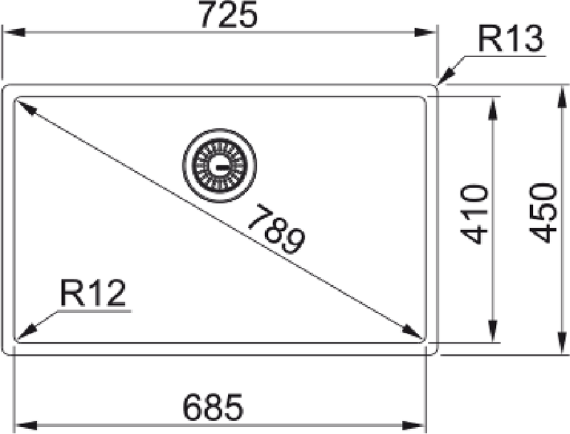 Franke Box BXX 110-68 Undermount 1 Bowl Stainless Steel Kitchen Sink — dimensions drawing