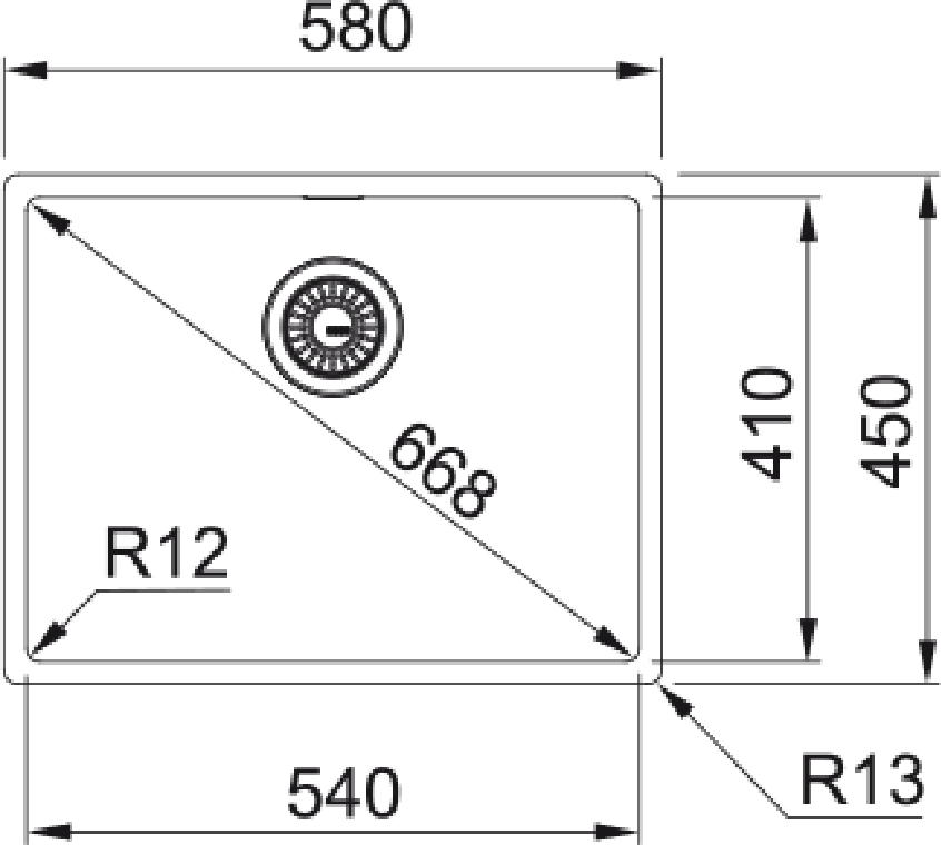 Franke Box BXX 210/110-54 Undermount 1 Bowl Stainless Steel Kitchen Sink — dimensions drawing