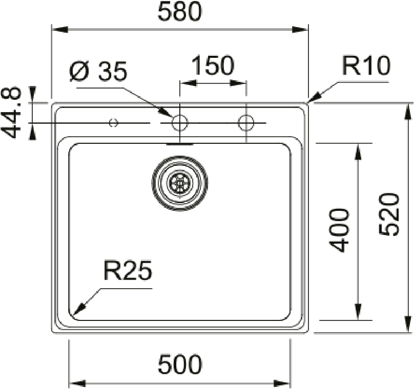 Franke Mythos Plus MYX 210 Undermount 1 Bowl Stainless Steel Kitchen Sink — dimensions drawing