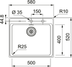 Franke Mythos Plus MYX 210 Undermount 1 Bowl Stainless Steel Kitchen Sink — dimensions drawing