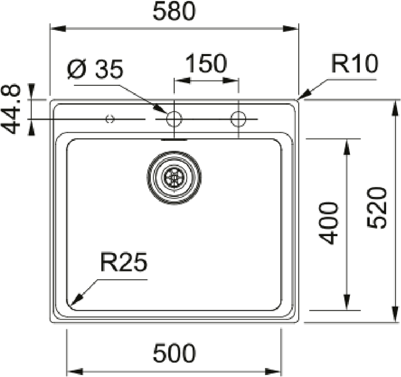 Franke Mythos Plus MYX 210 Undermount 1 Bowl Stainless Steel Kitchen Sink — dimensions drawing