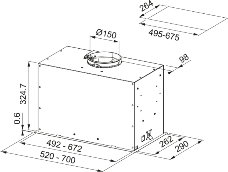 Franke Box EVO FBFE Matt Black 70cm Built-In Cooker Hood LED 305.0670.687 — dimensions drawing