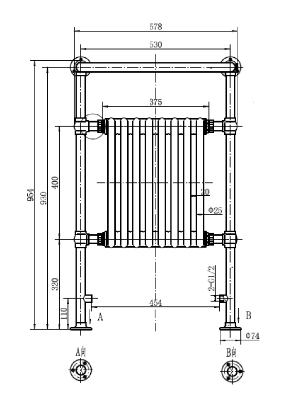 Burford Traditional Towel Rail Radiator - Brushed Brass