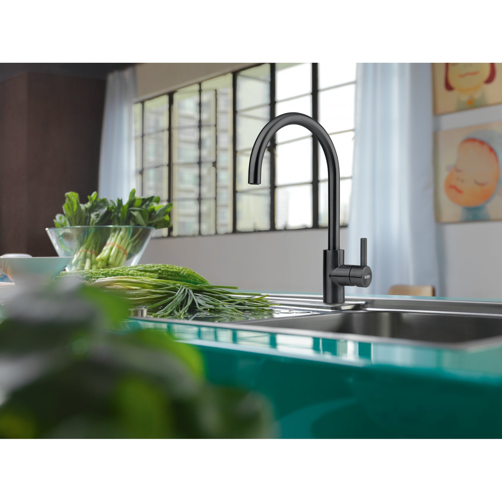 Franke Eos Neo Industrial Black Single Lever Kitchen Tap Stainless Steel