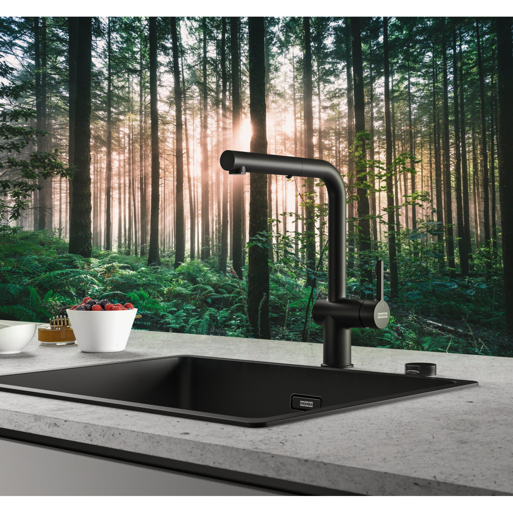 Franke Active Matt Black Pull Out Spray Kitchen Tap Brass L-Spout 312mm