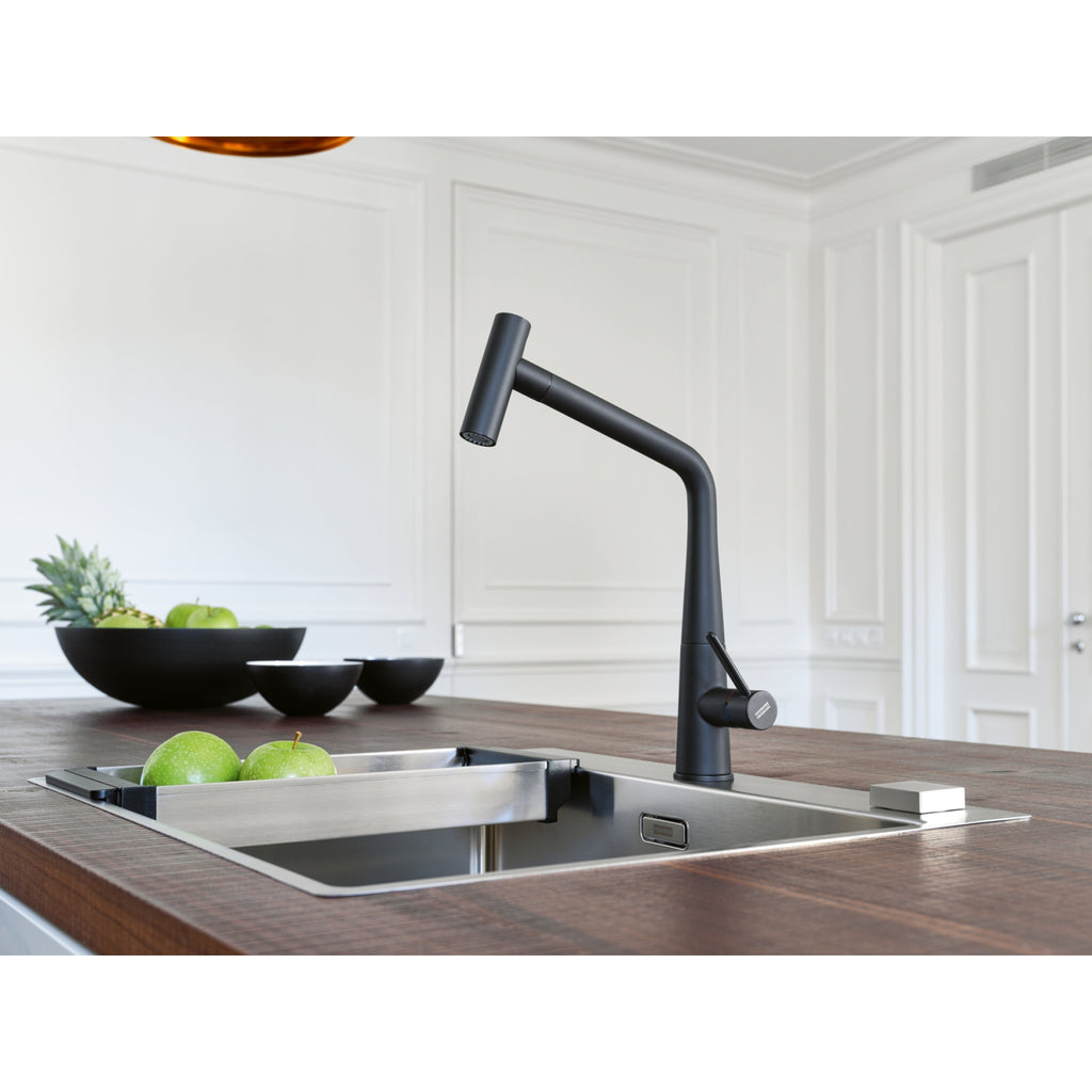 Franke Icon Matt Black Pull Out Spray Kitchen Tap Brass L-Spout 355mm