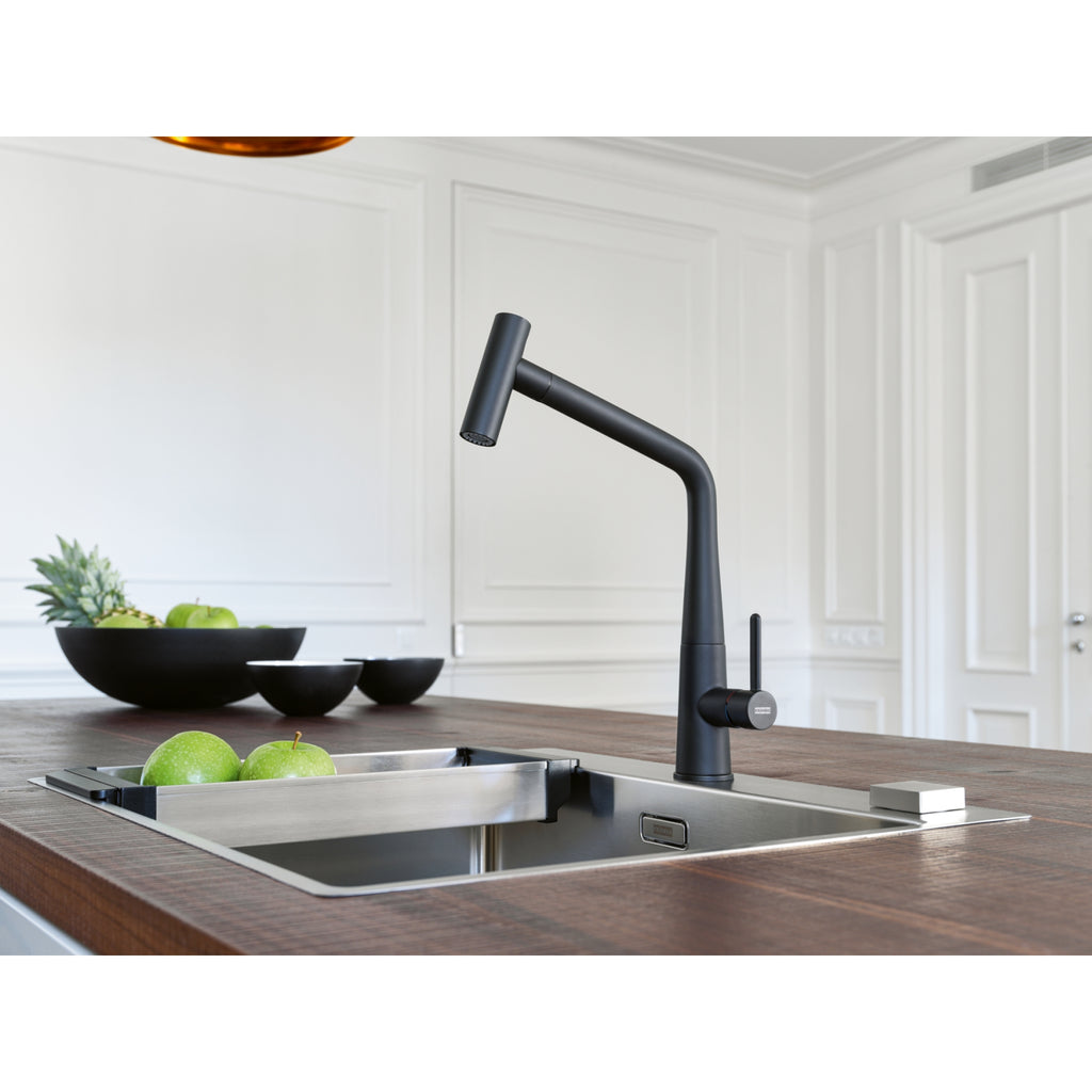 Franke Icon Matt Black Pull Out Spray Kitchen Tap Brass L-Spout 355mm