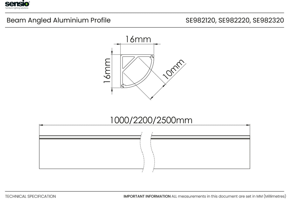 Sensio Beam LED Strip Profile SE982120 1000mm Angled Corner Mount End Caps