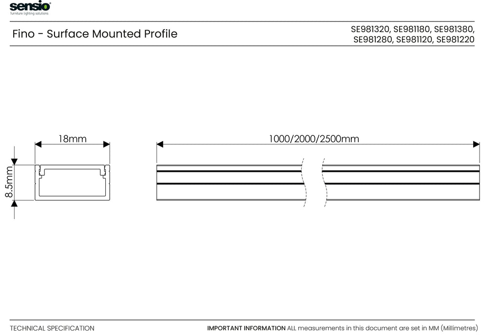 Sensio Fino LED Strip Profile Diffuser SE981120 Cabinet Surface Mount Aluminium