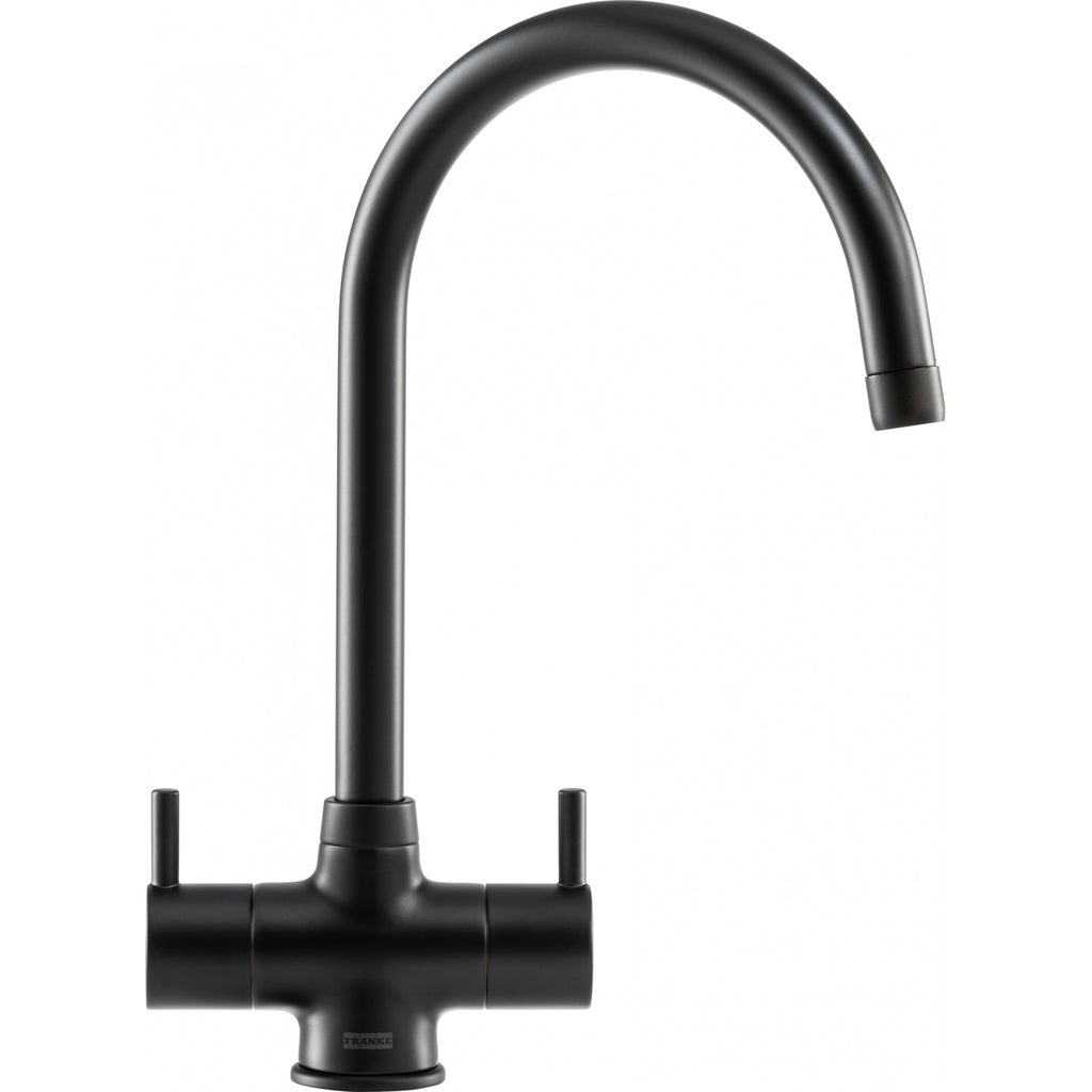 Franke Athena Matt Black Dual Lever Kitchen Tap Brass J-Spout Swivel 349mm