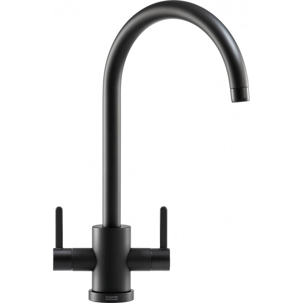 Franke Krios Matt Black Dual Lever Kitchen Tap Brass J-Spout Swivel 391mm