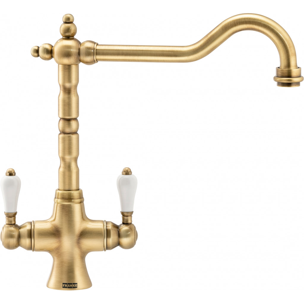 Franke Cotswold Brass Dual Lever Kitchen Tap U-Spout Swivel Traditional