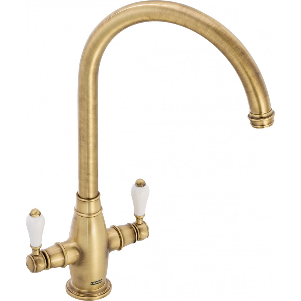 Franke Gloriana Classic Brass Twin Lever Kitchen Tap J-Spout Swivel 405mm