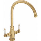 Franke Gloriana Classic Brass Twin Lever Kitchen Tap J-Spout Swivel 405mm