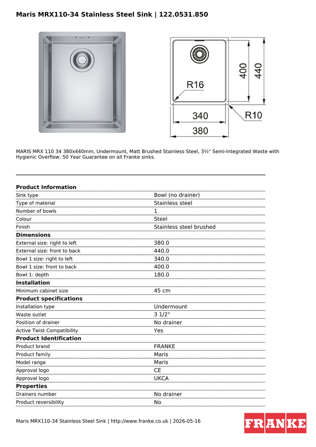 Franke Maris MRX 110-34 Undermount 1 Bowl Stainless Steel Kitchen Sink — view 4