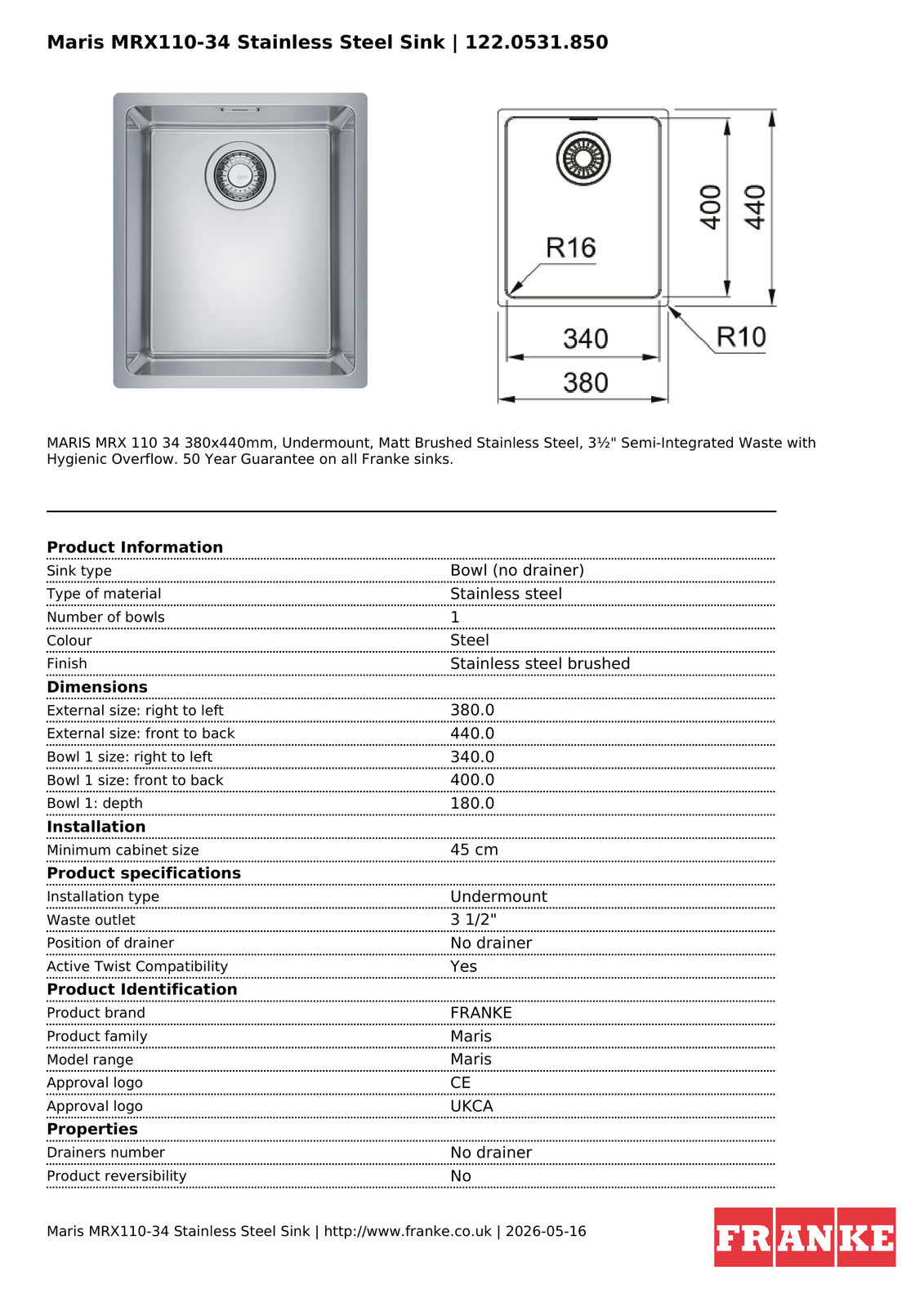 Franke Maris MRX 110-34 Undermount 1 Bowl Stainless Steel Kitchen Sink — view 4