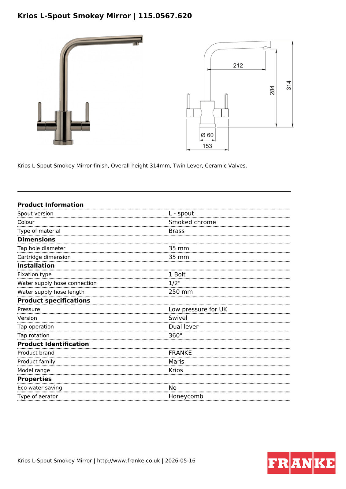 Franke Krios Smoked Chrome Dual Lever Kitchen Tap Brass L-Spout Swivel — view 3