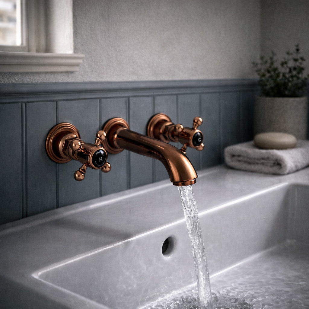 Traditional Wall Mounted Basin Mixer Tap Brushed Copper Crosshead Ceramic WRAS