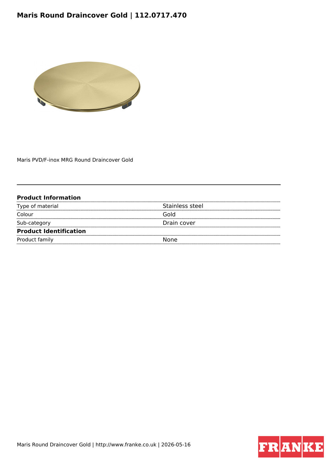 Franke Maris Round Drain Cover Gold Stainless Steel PVD Kitchen Sink — view 3