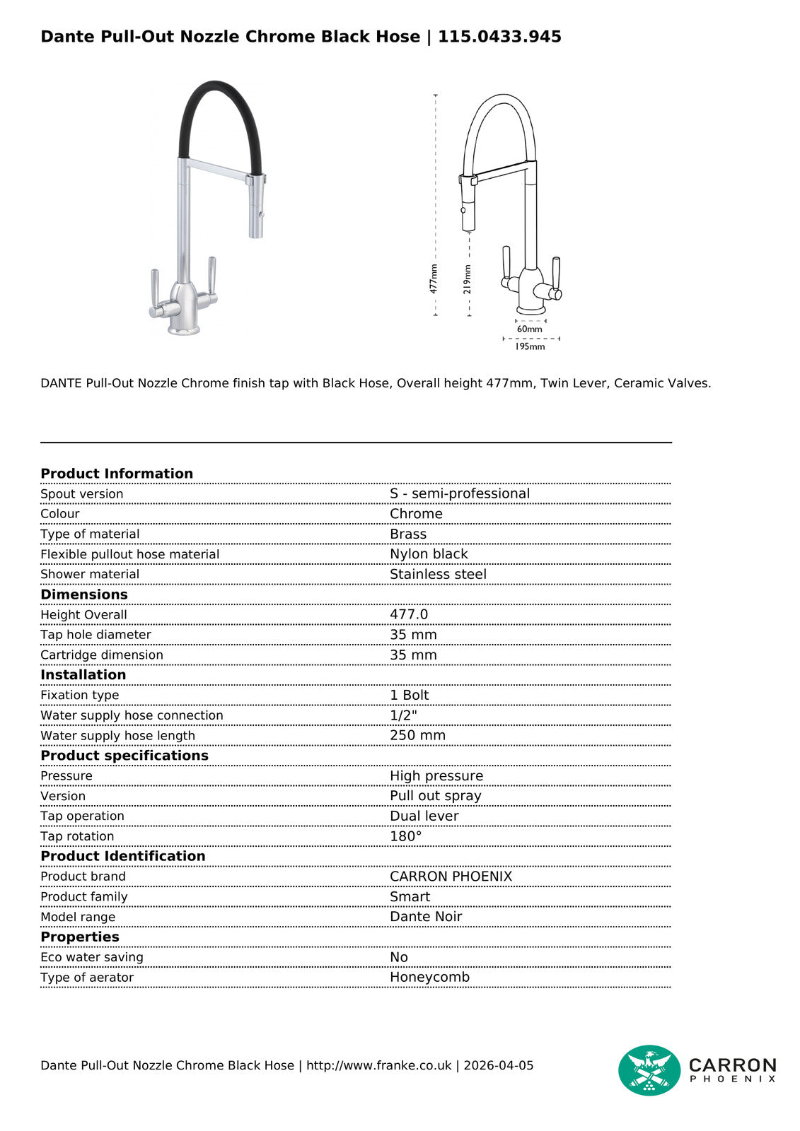 Carron Phoenix Dante Pull Out Nozzle Twin Lever Kitchen Tap Black Chrome — view 4