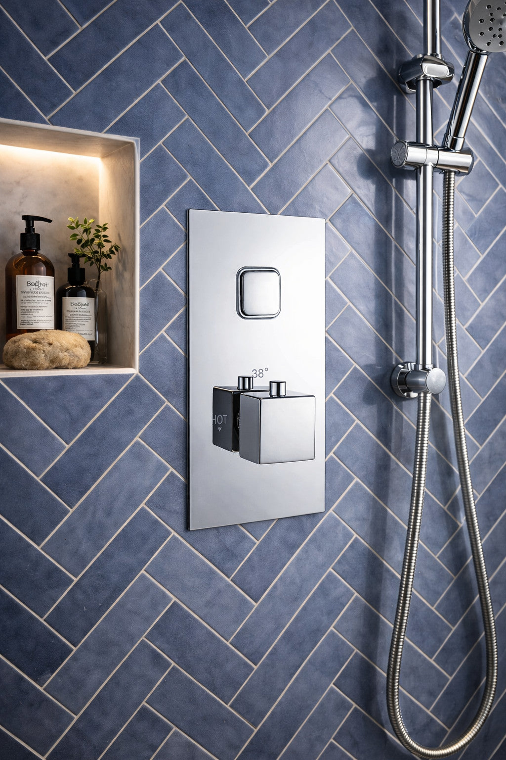 Square Concealed Thermostatic Shower Valve Chrome Push Button Single Outlet WRAS