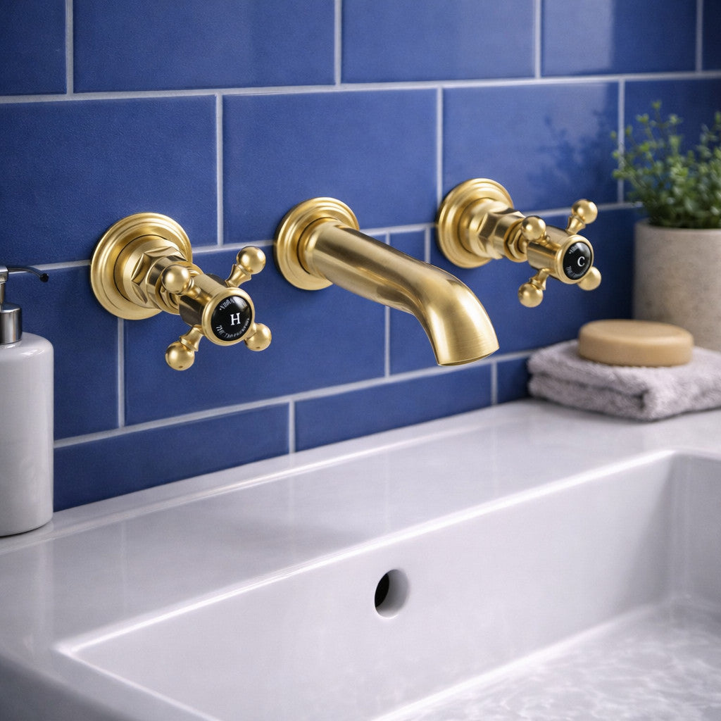 Traditional Wall Mounted Basin Mixer Tap Brushed Brass Crosshead Ceramic WRAS