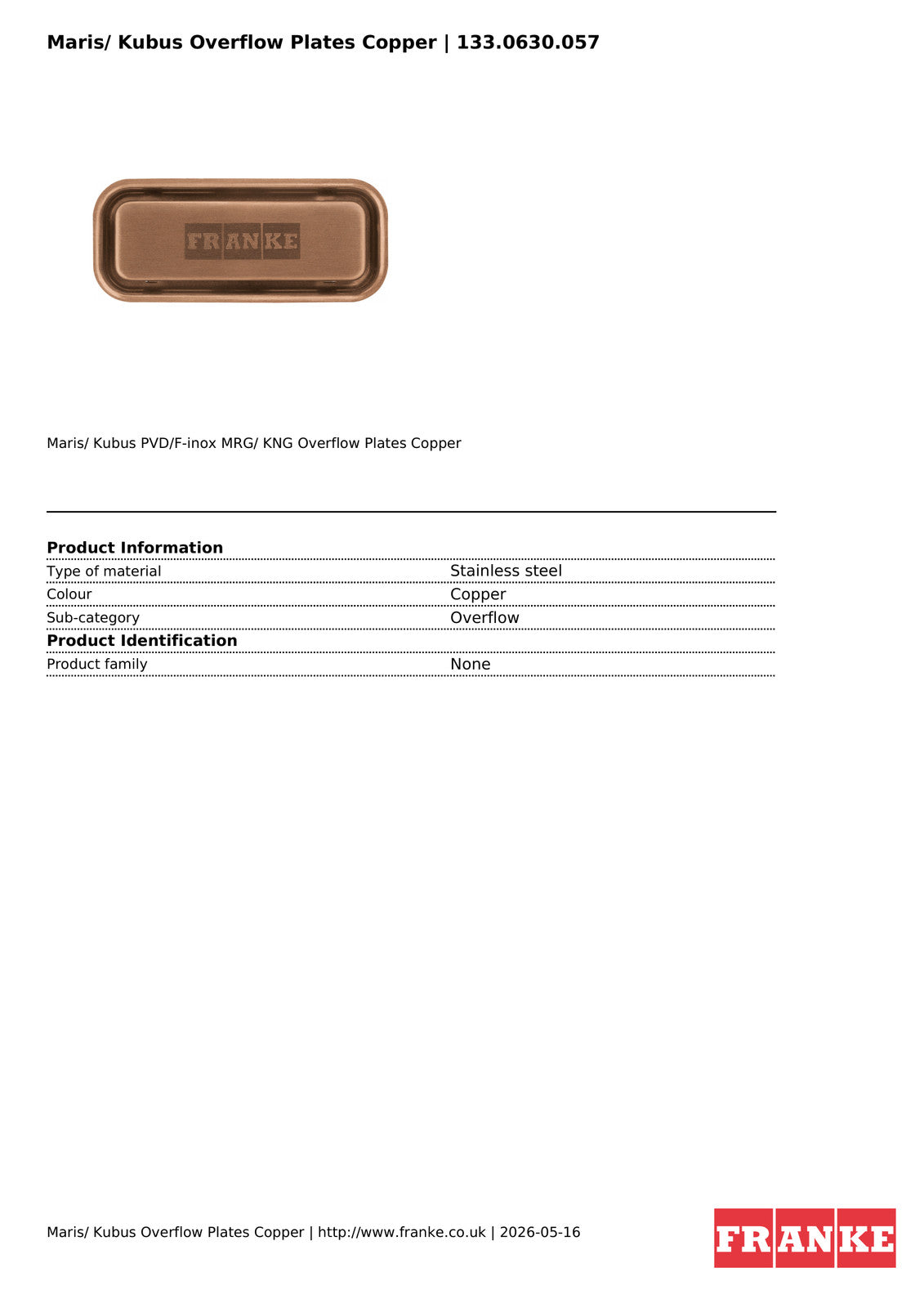 Franke Maris Kubus Overflow Plate Copper Stainless Steel PVD Kitchen Sink — view 4