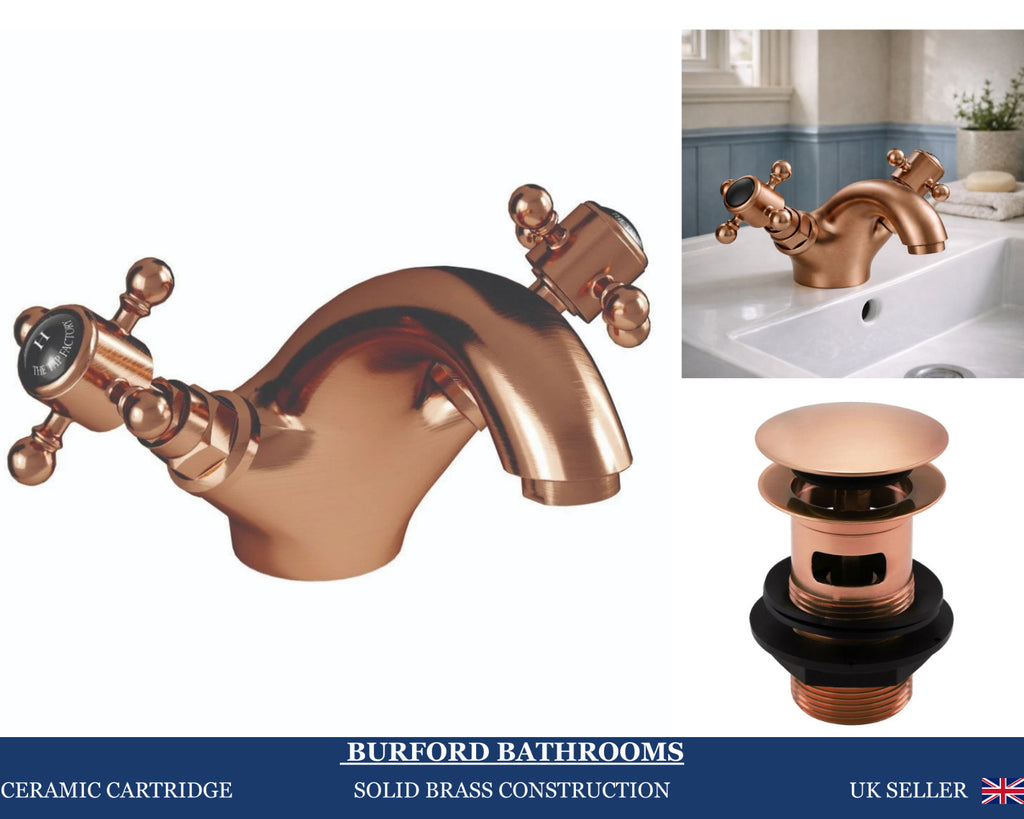 Traditional Twin Handle Basin Mixer Tap Brushed Copper Inc Waste WRAS Brass