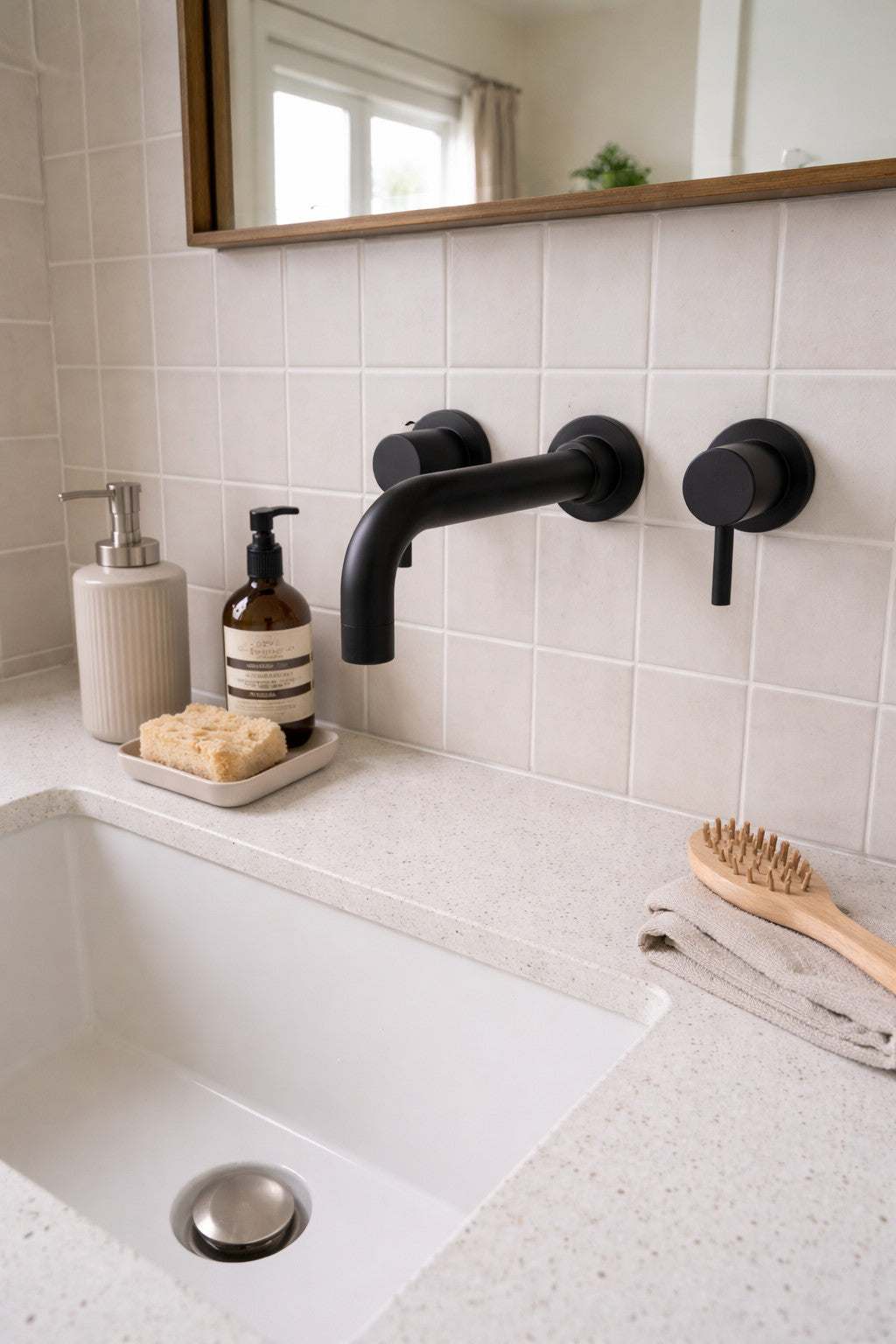 Wall Mounted Basin Mixer Tap Matt Black Dual Lever WRAS Bathroom Brass