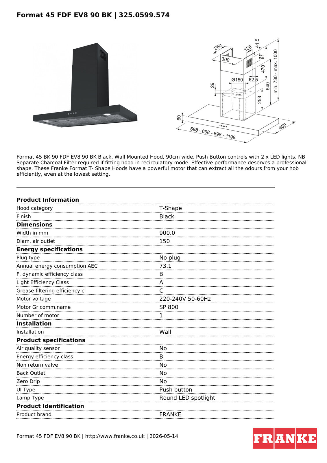 Franke Format 45 FDF EV8 90 BK Wall Mounted Cooker Hood 90cm Black LED — view 4