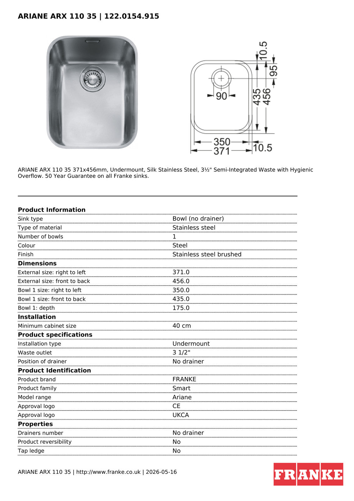 Franke Ariane ARX 110-35 Undermount 1 Bowl Stainless Steel Kitchen Sink — view 4