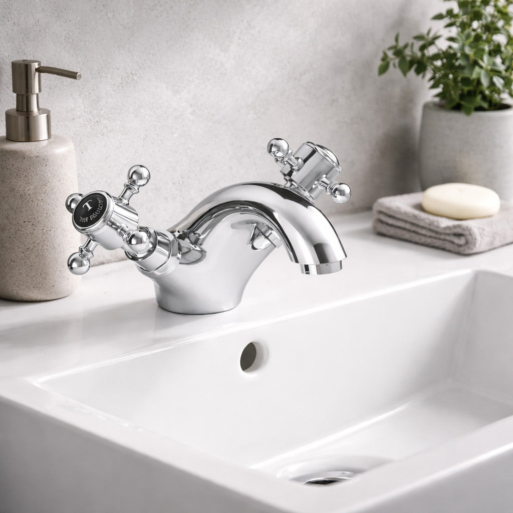 Traditional Twin Handle Basin Mixer Tap Chrome Inc Waste WRAS Brass